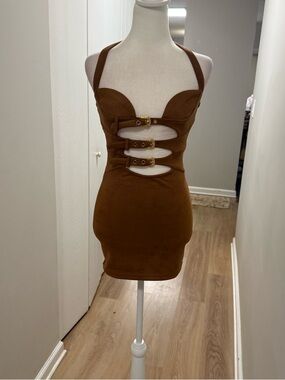 Windsor Brown Suede-Look Halter Mini Dress with Buckle Cutouts